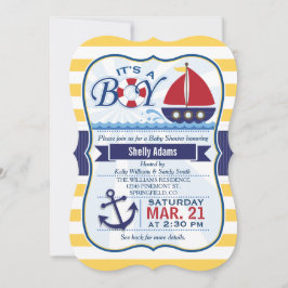 Invitación Baby Shower de velero náutico rojo, naval y amaril
