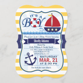 Invitación Baby Shower de velero náutico rojo, naval y amaril