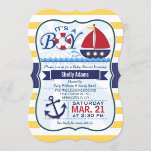 Invitación Baby Shower de velero náutico rojo, naval y amaril