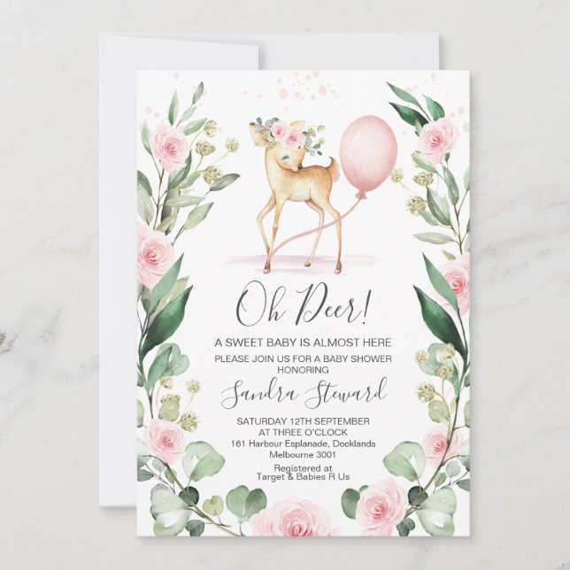 Invitación Baby Shower de venado de flores rusas rosadas (Anverso)