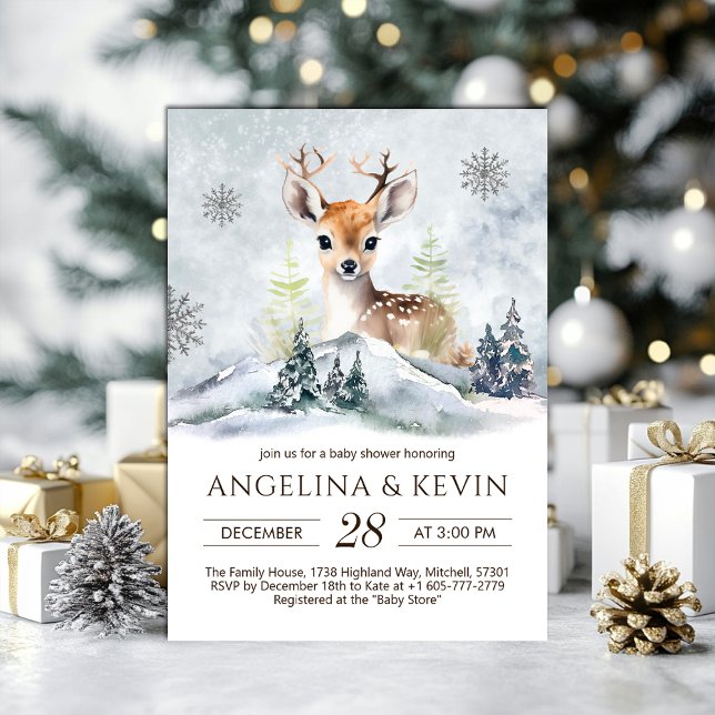 Invitación Baby Shower de venado de invierno con bebé en la s (Winter Forest Baby Deer Baby Shower Invitation)