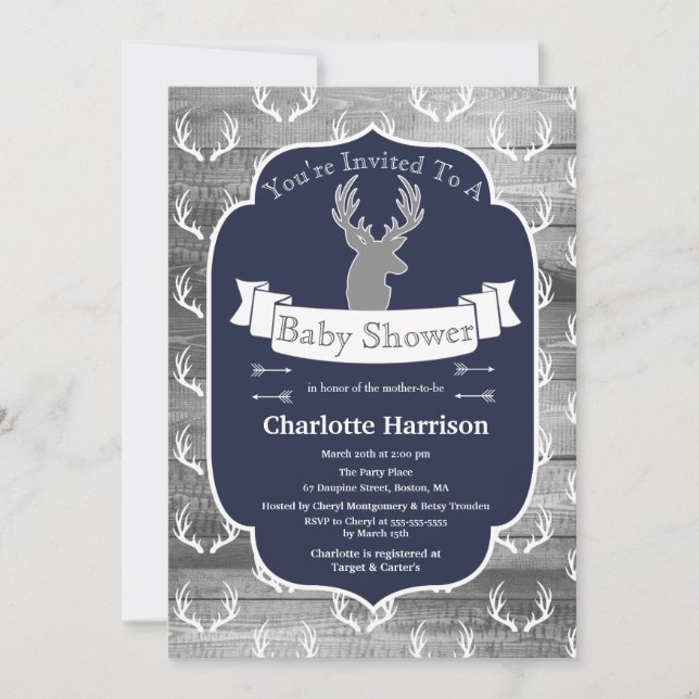 Invitación Baby Shower de venado y madera gris de la marina r (Anverso)