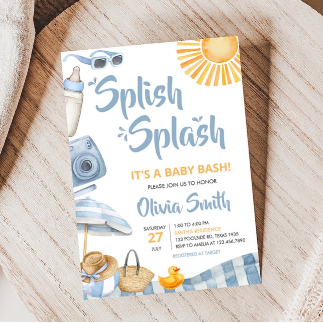 Invitación Baby Shower de verano de Blue Beach (Boy Splish Splash Baby Shower Invitation)