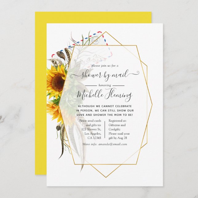 Invitación Baby Shower de verano geométrico de girasol por co (Anverso / Reverso)