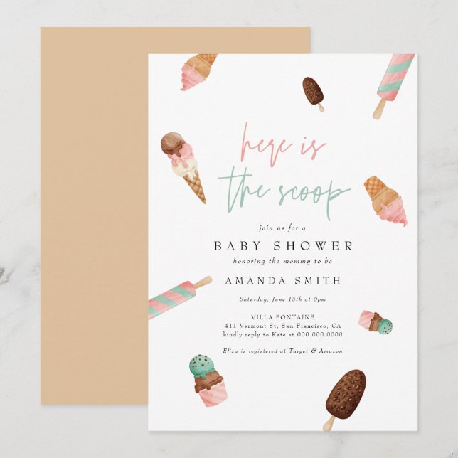 Invitación Baby Shower de verano rosado con crema de hielo (Anverso / Reverso)
