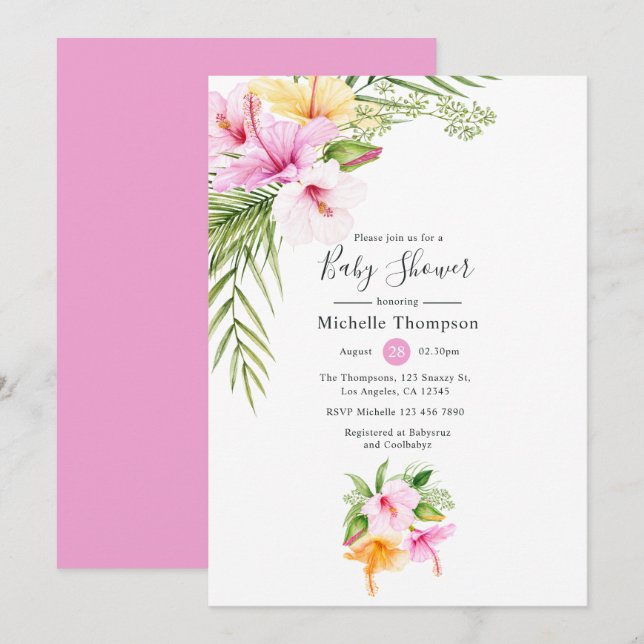 Invitación Baby Shower de verano tropical floral (Anverso / Reverso)