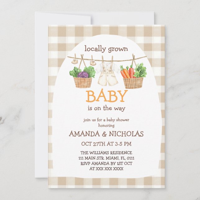 Invitación Baby Shower de verduras cultivadas localmente (Anverso)
