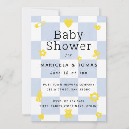 Invitación Baby Shower de verificador azul y amarillo