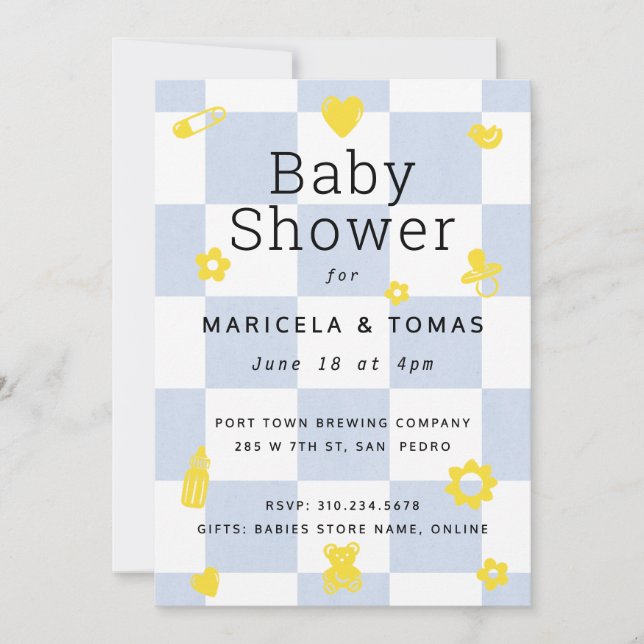 Invitación Baby Shower de verificador azul y amarillo (Anverso)