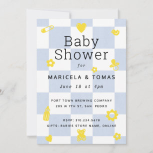 Invitación Baby Shower de verificador azul y amarillo