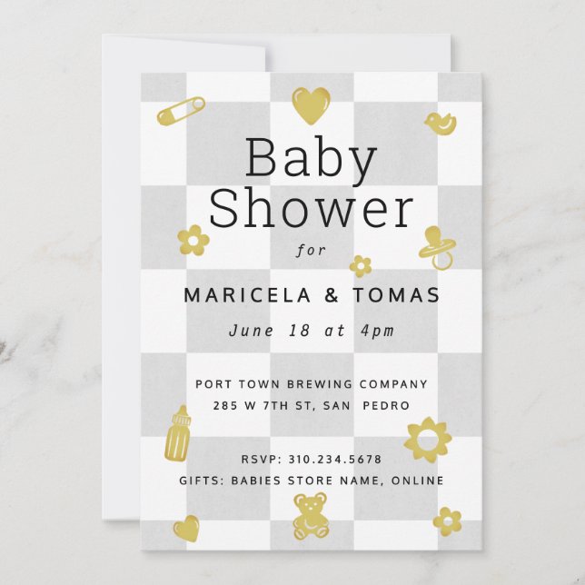 Invitación Baby Shower de verificador gris y amarillo (Anverso)