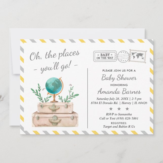 Invitación Baby Shower de viajes del mundo de aventuras neutr (Anverso)
