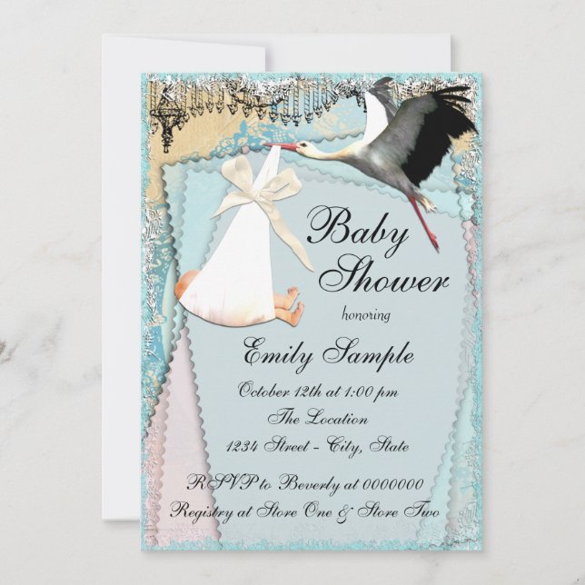 Invitación Baby Shower de vintage Stork (Anverso)