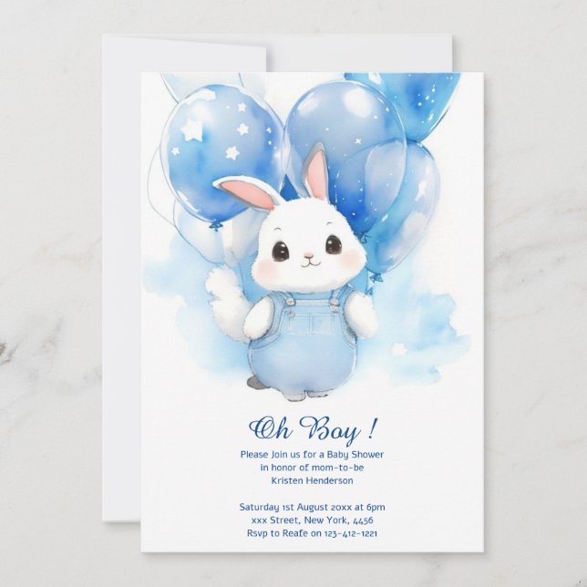Invitación Baby Shower de Watercolor Bunny Boy (Anverso)