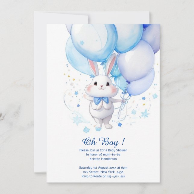 Invitación Baby Shower de Watercolor Bunny Boy (Anverso)