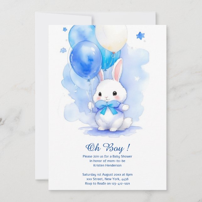 Invitación Baby Shower de Watercolor Bunny Boy (Anverso)