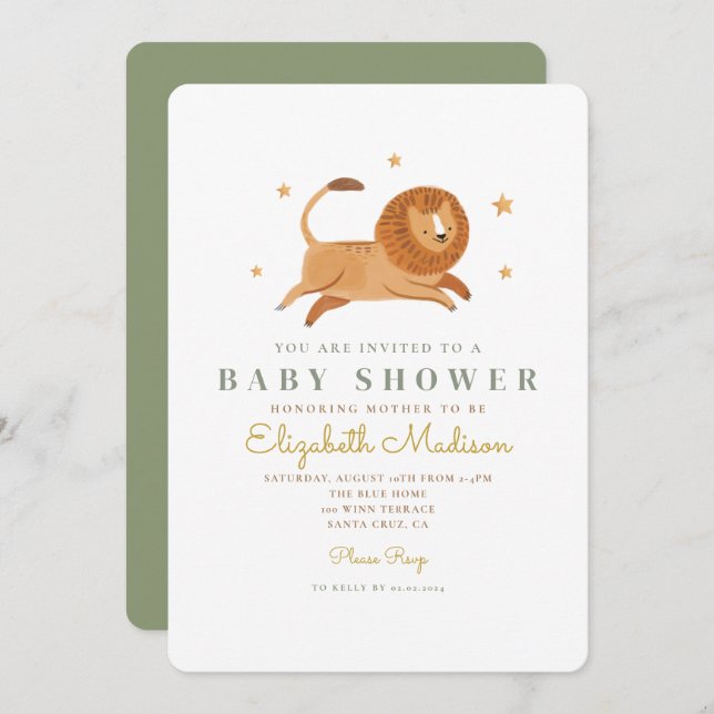 Invitación Baby Shower de Watercolor Cute Lion Kin (Anverso / Reverso)