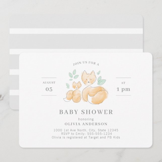 Invitación Baby Shower de Watercolor Fox (Anverso / Reverso)