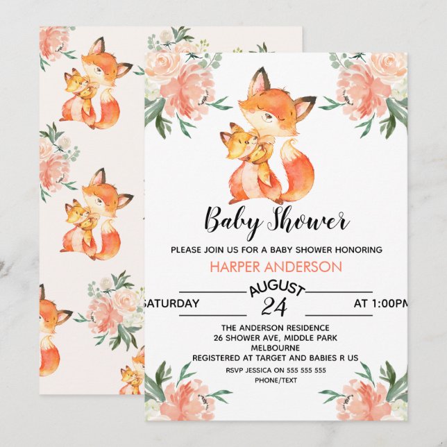 Invitación Baby Shower de Watercolor Fox (Anverso / Reverso)