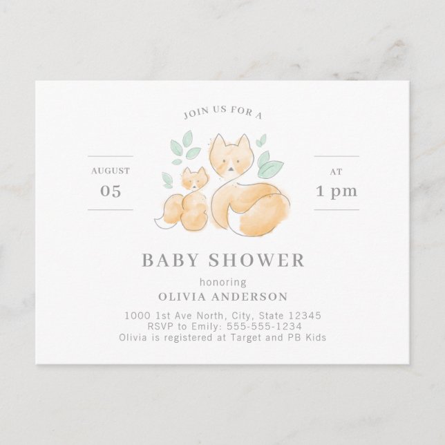 Invitación Baby Shower de Watercolor Fox (Anverso)