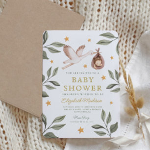 Invitación Baby Shower de Watercolor Stork Stars Greenery
