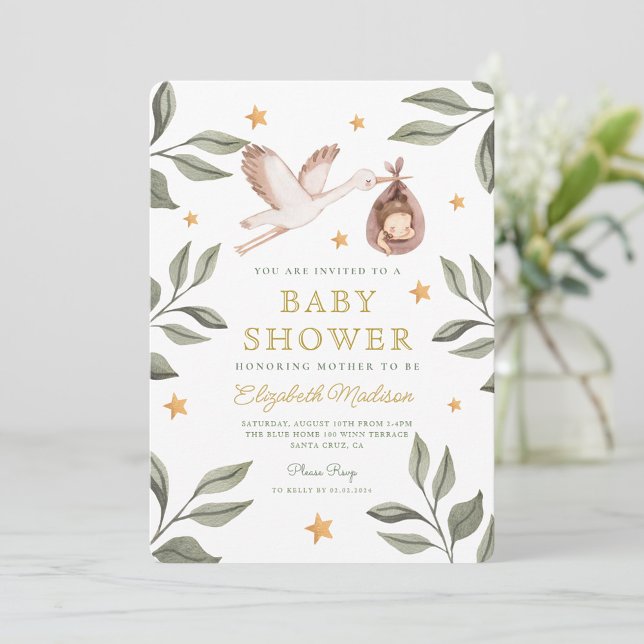 Invitación Baby Shower de Watercolor Stork Stars Greenery (Subido por el creador)