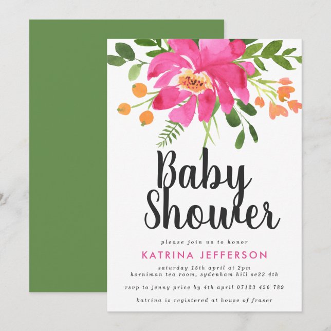 Invitación Baby Shower de Watercolor Tropics (Anverso / Reverso)