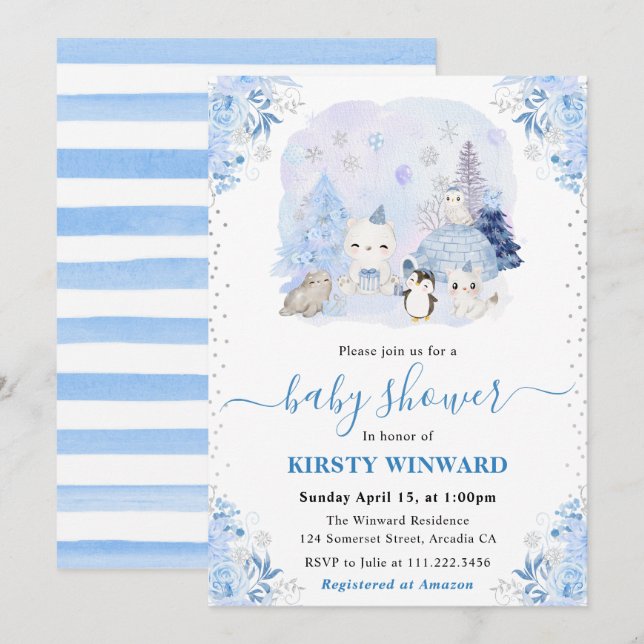 Invitación Baby Shower de Watercolor Winter Arctic Animals (Anverso / Reverso)