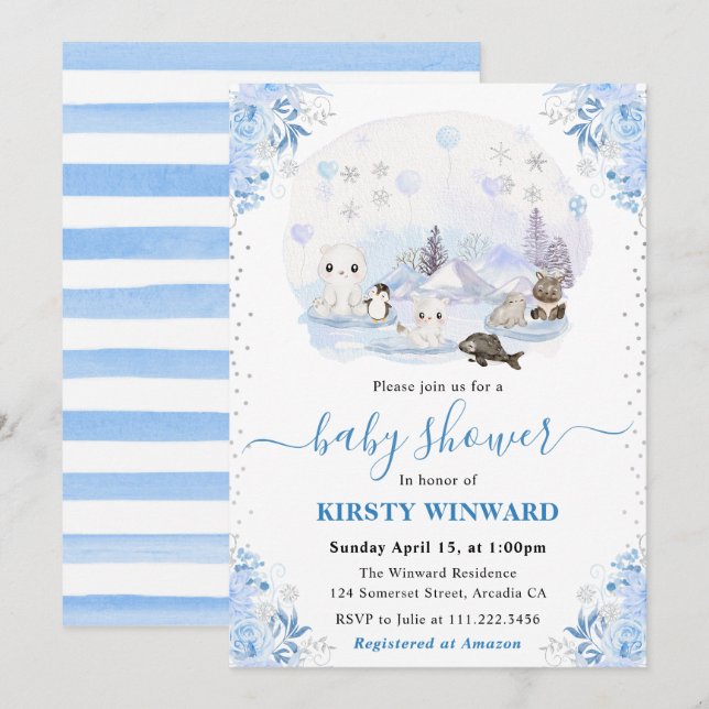 Invitación Baby Shower de Watercolor Winter Arctic Animals (Anverso / Reverso)