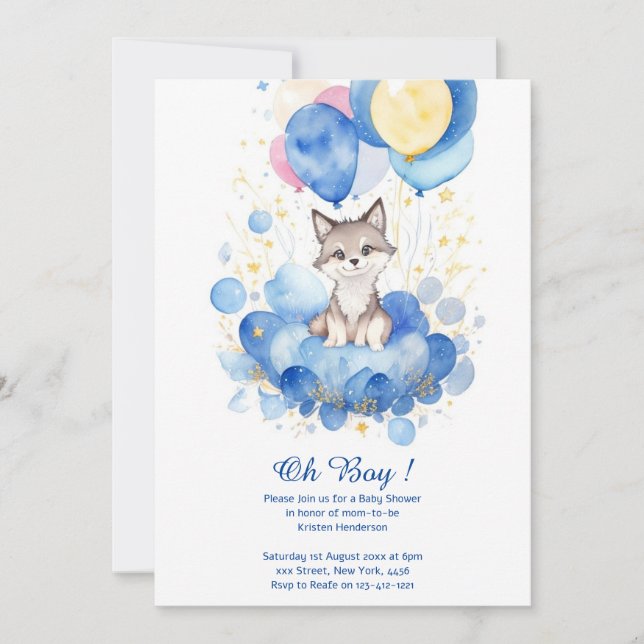 Invitación Baby Shower de Watercolor Wolf Pup (Anverso)