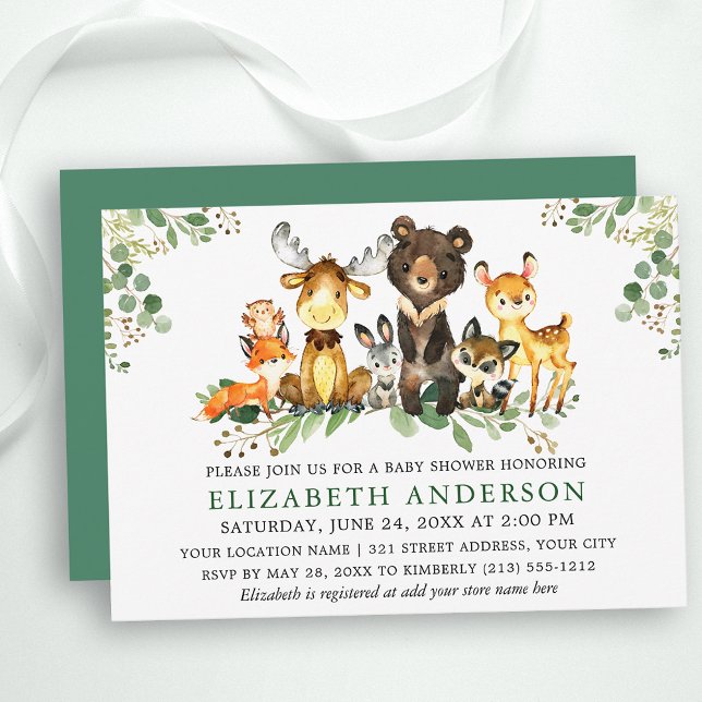 Invitación Baby Shower de Watercolor Woodland Animals (Customize to change text color, size, text style or change color of back of card.)