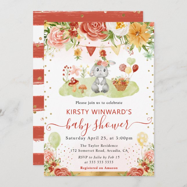 Invitación Baby Shower de Watercolor Woodland Rabbit (Anverso / Reverso)