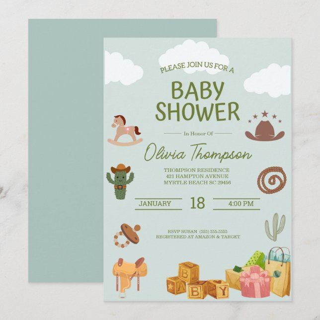 Invitación Baby Shower de Western Theme Boys (Anverso / Reverso)