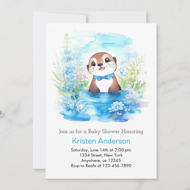 Invitación Baby Shower de Whimsical Otter's Blue Floral Boy (Anverso)