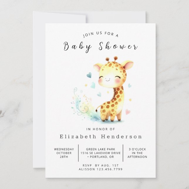 Invitación Baby Shower de Whimsy Editable Giraffe (Anverso)