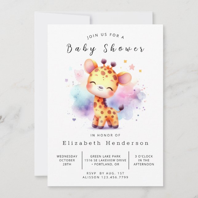 Invitación Baby Shower de Whimsy Online Giraffe (Anverso)