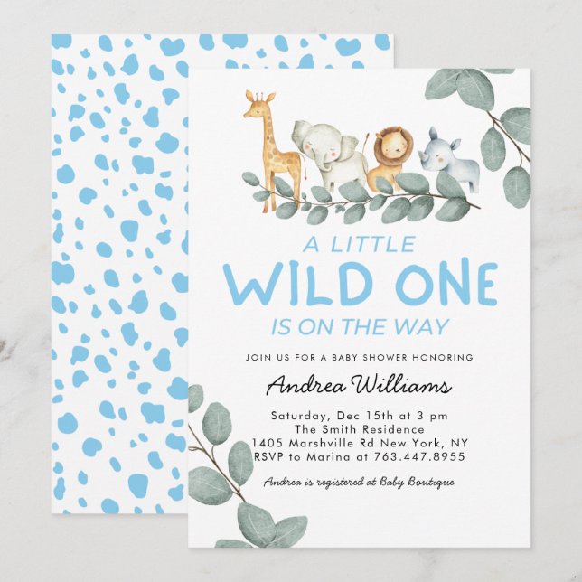 Invitación Baby Shower de Wild One Zoo Animals Boy (Anverso / Reverso)