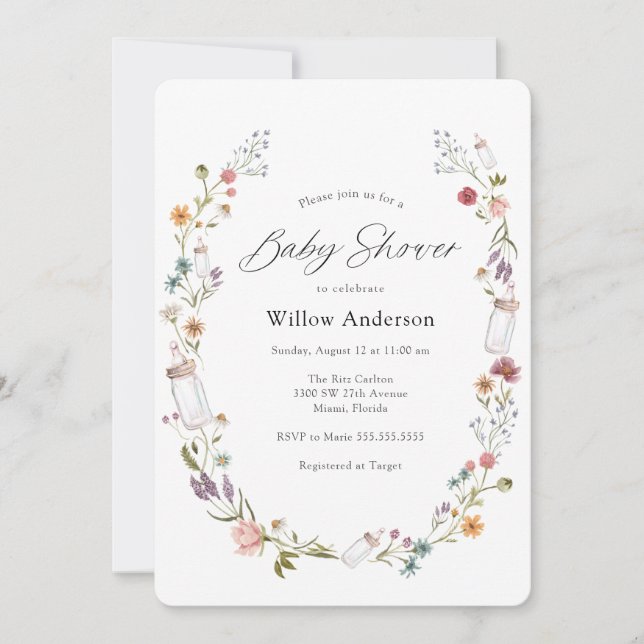 Invitación Baby Shower de Wildflower and Bottle Wreath (Anverso)