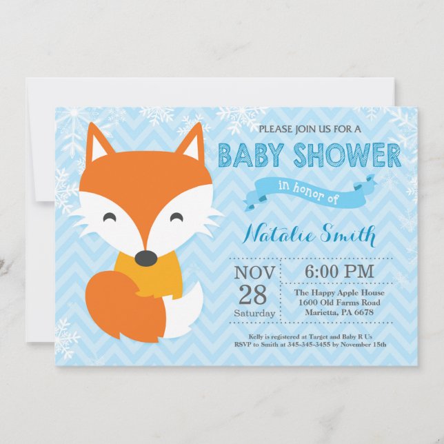 Invitación Baby Shower de Winter Blue Fox Boy (Anverso)