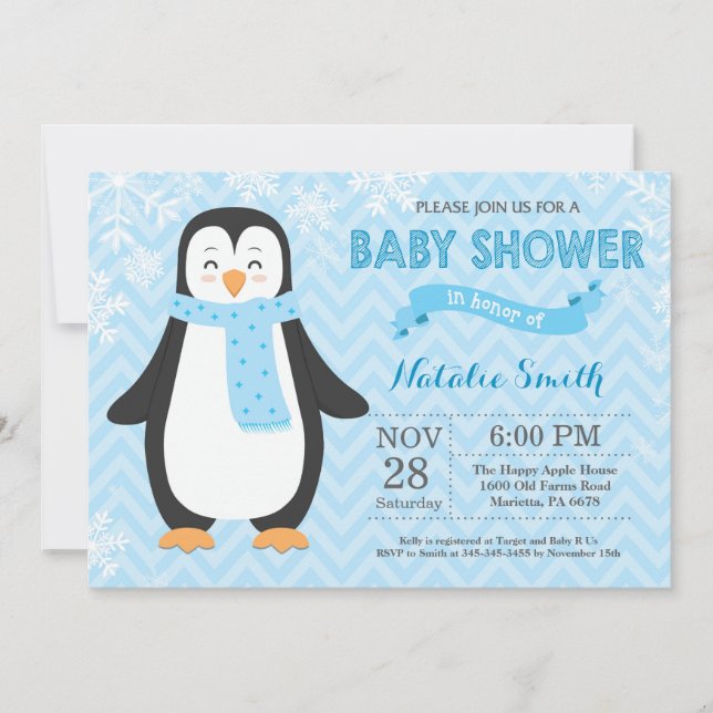 Invitación Baby Shower de Winter Blue Penguin Boy (Anverso)