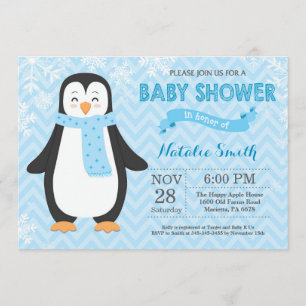 Invitación Baby Shower de Winter Blue Penguin Boy