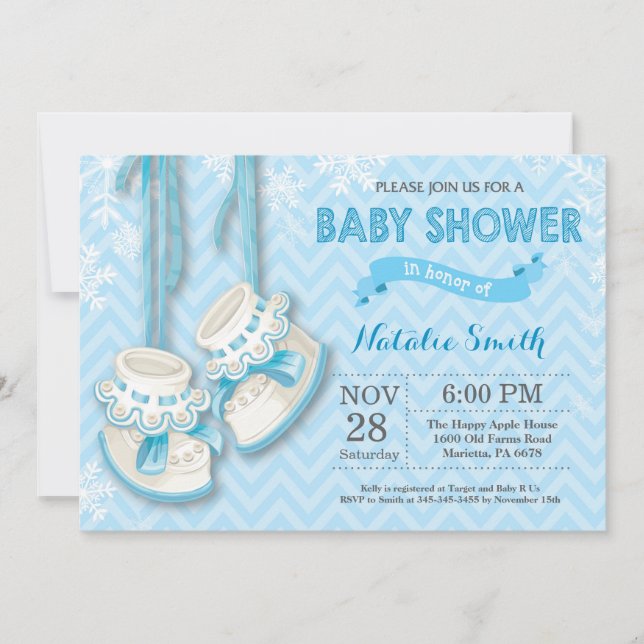 Invitación Baby Shower de Winter Blue Shoes Boy (Anverso)