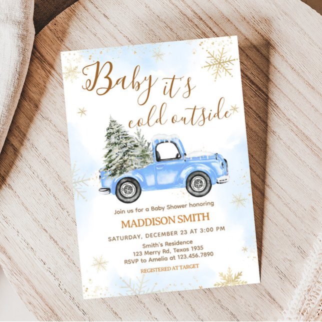 Invitación Baby Shower de Winter Blue Truck (Blue Baby It's Cold Outside Baby Shower Invitation)
