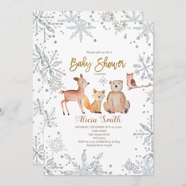 Invitación Baby Shower de Winter Woodland Silver (Anverso / Reverso)