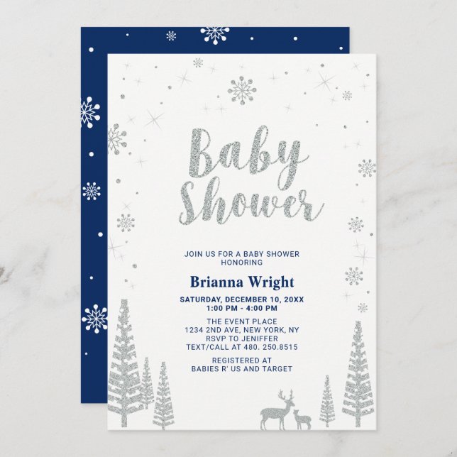 Invitación Baby Shower de Wonderland Boy Winter Silver & Navy (Anverso / Reverso)