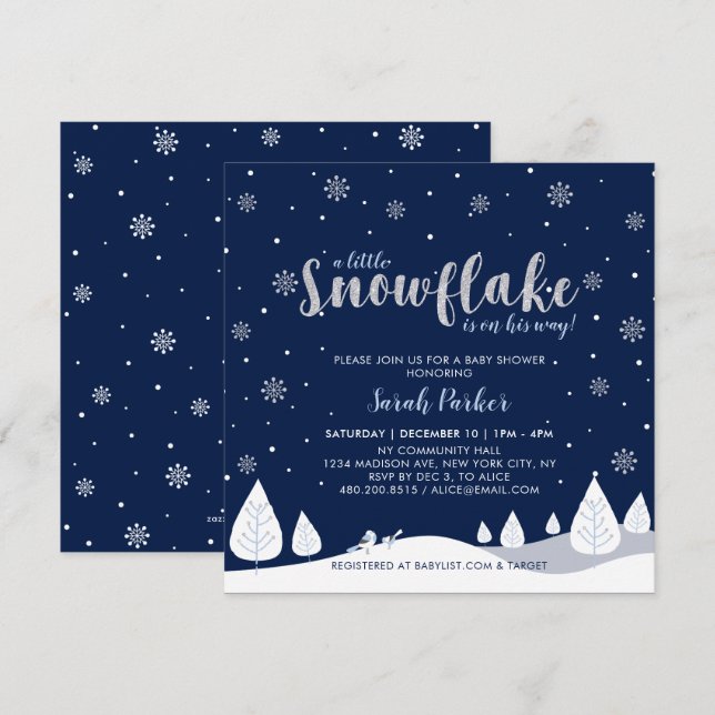 Invitación Baby Shower de Wonderland Boy Winter Silver & Navy (Anverso / Reverso)