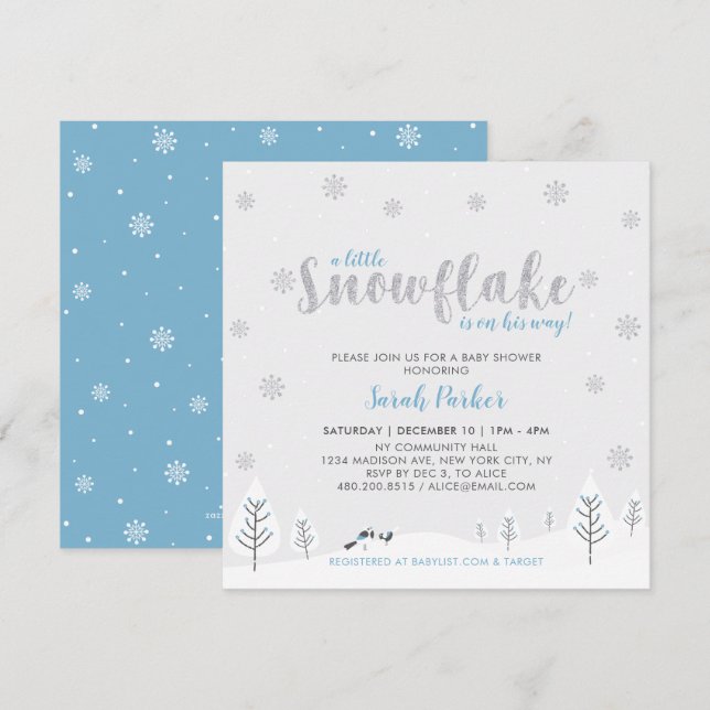 Invitación Baby Shower de Wonderland Boy Winter Silver y Blue (Anverso / Reverso)