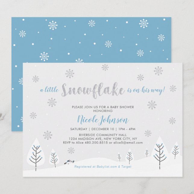 Invitación Baby Shower de Wonderland Boy Winter Silver y Blue (Anverso / Reverso)