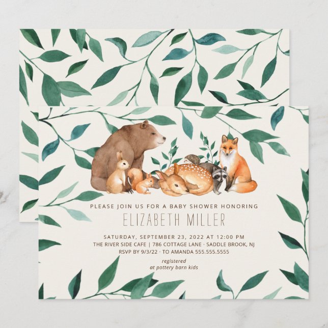 Invitación Baby Shower de Woodland Animal Friends (Anverso / Reverso)