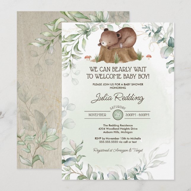 Invitación Baby Shower de Woodland Forest Animal Rustic Bear  (Anverso / Reverso)